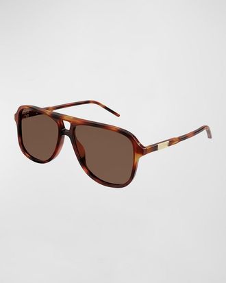 Gucci Mens Logo Plaqu&eacute; Aviator Sunglasses