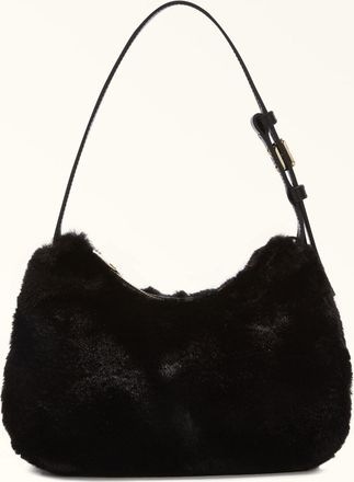 Furla Febe Shoulder Bag S Nero Black Fluffy Fabric + Sidney Calf Leather Woman