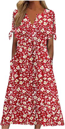 Generic Shffuw Summer Boho Dresses for Women UK Loose Casual Maxi Vintage Short Sleeve Beach Swing Dress Ladies Bohemian Floral Print Tunic Dress A Line Daily