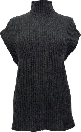 Ganni Ganni Ribbed Knit Mock Neck Sleeveless Sweater in Grey Wool