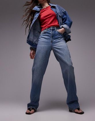 Topshop straight Kort jeans in mid blue-Blues
