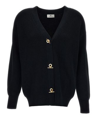 Elisabetta Franchi Black Rib-Knit Gold Toggle Cardigan