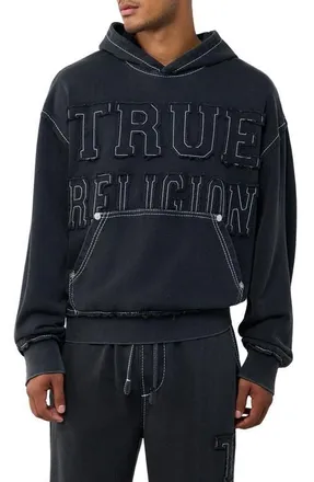 True Religion Big T Appliqu&eacute; Boxy Hoodie in Jet Black at Nordstrom, Size Xxx-Large