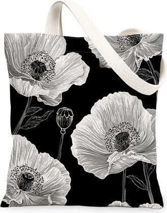 Generic Spring Poppy Flower Canvas Tote Bag for Shopping 13x15, Black Floral Wildflower Reusable Grocery Print Pattern Bag for Women Men, Aesthetic Retro Aest