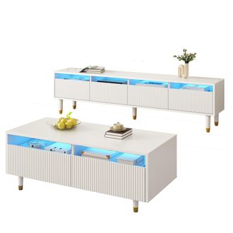 STILVORA Conjunto De Muebles De Sal&oacute;n Con 1 Mueble Tv 4 Puertas Y 1 Mesa De Centro 2 Cajones, Luz Led, Mdf, Blanco