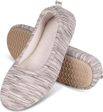 Garonne Womens Ballerina Slippers with Memory Foam and Rubber Sole, Womens Non-Slip Slippers for Bedroom Indoor, Dark Beige, 40/41.5 EU