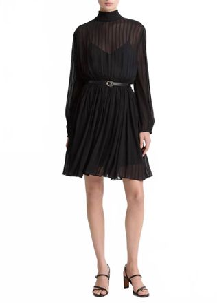 Vince Crinkle Stripe Mock Neck Long Sleeve Dress In Black