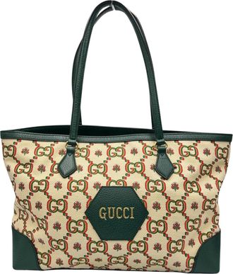 Gucci Green Ivory Canvas Tote Bag (Pre-Owned)
