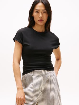 Tommy Hilfiger Kurzarmshirt TOMMY HILFIGER 5X2 RIB SLIM C-NK CAP SLV TEE, Damen, Gr. XXL (44), schwarz, Single Jersey, Obermaterial: 95% Viskose, 5% Elasthan, unifar