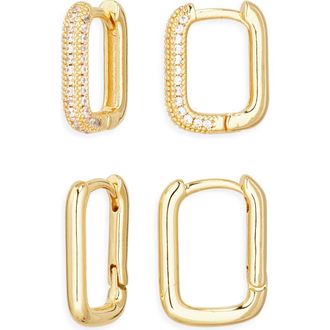 Nordstrom Rack Set of 2 Demi-Fine Pav&eacute; Cubic Zirconia Oval Huggie Hoop Earrings in Clear- Gold at Nordstrom Rack