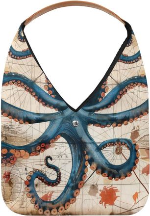 Generic Vintage Map Blue Octopus Reusable Lightweight Grocery Bags - Foldable Into Compact Pouch, Washable & Sturdy, Multipurpose for Shopping and Travel