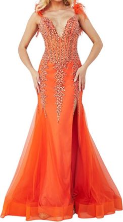 Jovani Deep V-Neck Embellished Mermaid Dress In Orange