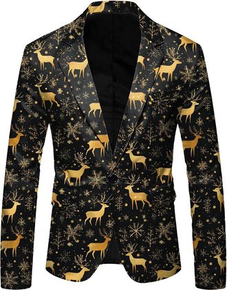 Generic Christmas Suit Jacket for Men Xmas Tree Print Blazer Slim Fit Slim Fit Lapel One Button Suit Tuxedo Jacket Novelty Blazer Fashion Christmas Tree Reind