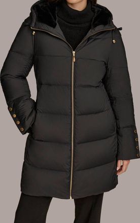DKNY Long Hooded Down Filled Puffer Coat In Black