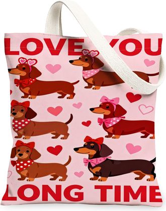 Generic Cute Dog Pattern Canvas Tote Bags, Adorable Animal Print Reusable Shopping Bags, ValentineS Day Lightweight Washable Shoul, Peach, 13x15 Inch