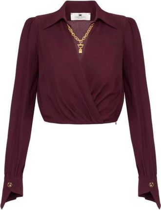 Elisabetta Franchi Overhemden, Dames, Bruin, XS, Leer, Blouse van georgettestof met juweeldetail