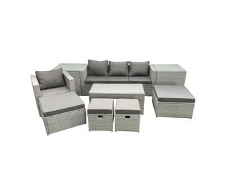 Fimous Rattan Garden Furniture Set Outdoor Lounger Sofa with Coffee Table 4 Footstools 2 Side Tables Light Grey Mixed