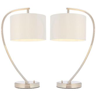 Loops 2 PACK Modern Curved Arm Table Lamp Nickel & White Shade Bedside Feature Light in Metallics
