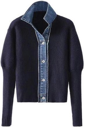 Generic Women Lapel Denim Collar Patchwork Coat Long Sleeves Knitted Sweater-Navy Blue-One Size
