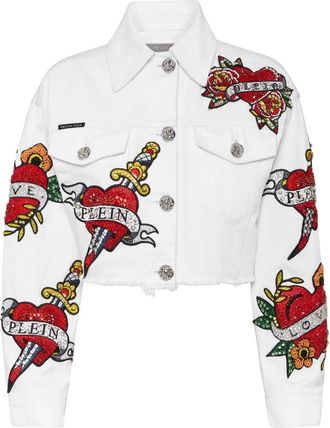 Philipp Plein Jassen, Dames, Wit, XS, Denim, Cropped Denim Jacket Love Crystals