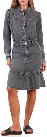 Wash Lab Denim For A Stroll Ruffle Hem Long Sleeve Denim Dress in Ash Grey at Nordstrom, Size X-Large