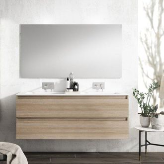 Adema Chaci Badkamermeubelset - 120x46x57cm - 2 ovale keramische wasbakken wit - 2 kraangaten - 2 lades - rechthoekige spiegel - eiken