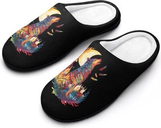Generic Wolf Howling at The Moon Deers Slippers Men Winter Warm Cotton Anti-Slip Indoor Slip-Ons House Shoes