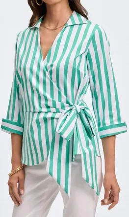 Foxcroft Striped Wrap Blouse In Kelly Green/ White