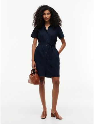 Tommy Hilfiger Womens Belted Linen-Cotton Blend Shirtdress - Navy - XXL