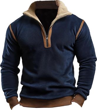 Generic Mens For Sweatshirts Vintage No Hood Quarter Zip Pullover Workwear Fur Collar Fleece Warm Tracksuit Tops Combat Oversized Casual Workout Gym Sportwear