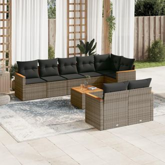 vidaXL Set De Muebles De Jard&iacute;n 9 Pzas Y Cojines Rat&aacute;n Sint&eacute;tico Gris Vidaxl
