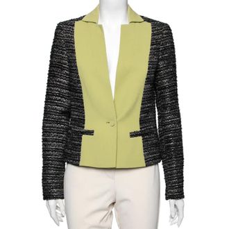 Elie Saab Black & Green Tweed Crepe Paneled Cropped Blazer