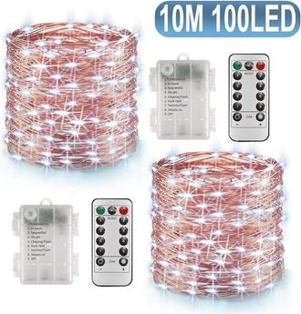 OEM 2 Guirnaldas De Luces Led De 10 M A Pilas, 100 Led, Funci&oacute;n De Temporizador Con Mando A Distancia, Resistentes Al Agua Ip65, Decoraci&oacute;n Para Interiore