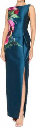 Kay Unger Luciana Column Gown With Flower In Blue Opal