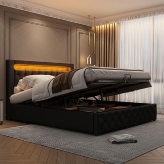Matteo Functional Upholstered Bed with Slatted Frame, Storage Space & LED Lighting, Black PU, 135 x 190 cm in Beige