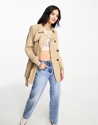 Only Only button detail short trench coat in beige-Neutral