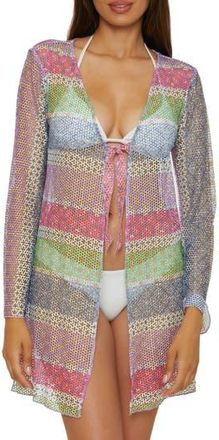 BECCA by Rebecca Virtue Tie Front Long Sleeve Sheer Mesh Cover-Up in Refined at Nordstrom Rack, Size Medium