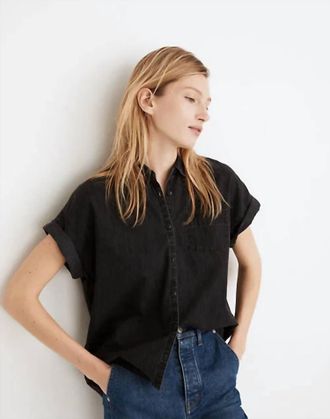 Madewell Denim Rolled Short Sleeve Shirt In Black