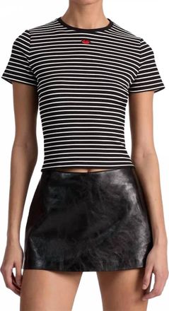 Alice & Olivia Cindy Embroidered Cropped Tee In Black Off White Stripe