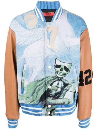 424 jacquard-print leather-sleeve bomber jacket - men - Polyamide/Cupro/Polyester/Lambskin - 48 - Blue