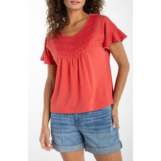 Liverpool Embroidered Yoke Flutter Sleeve Top in Red Clay at Nordstrom, Size X-Large P