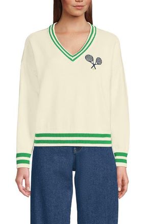 Lands End Cotton Drifter Shaker V-neck Sweater in Fresh Ivory/clover Tip at Nordstrom, Size X-Large