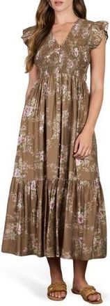 August Sky Floral Smocked Midi Dress in Brown Multi at Nordstrom Rack, Size Medium
