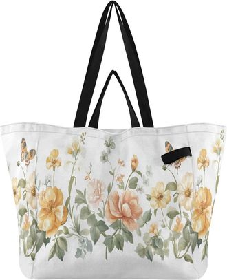 Generic Rose Butterfly Floral White pattern Reusable Canvas Tote Bag, Heavy Duty Grocery Shopping Bag with Hard Bottom Double Handles Large Capacity Work Groc