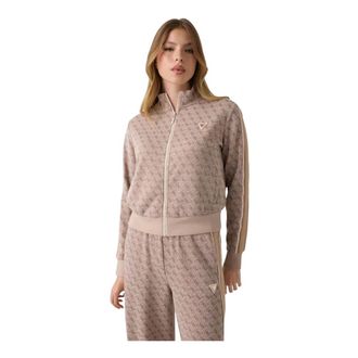 Guess 4G Allover Jacquard Full Zip Jacket - Dames - Vesten met rits - Beige - M - Katoen - Hoodies & sweatvesten