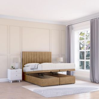 Sloomy Manhattan Dumfries Fabric Ottoman Bed End Opening With Sprung Memory Mattress & 26 Inch strut Headboard in Light Beige | Size: Single