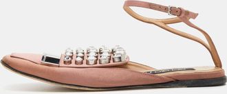 Sergio Rossi Old Rose Satin Crystal Embellished Ankle Strap Flats