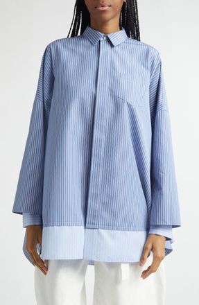 sacai Mixed Stripe Oversize Poplin Button-Up Shirt in Blue Stripe at Nordstrom, Size 3