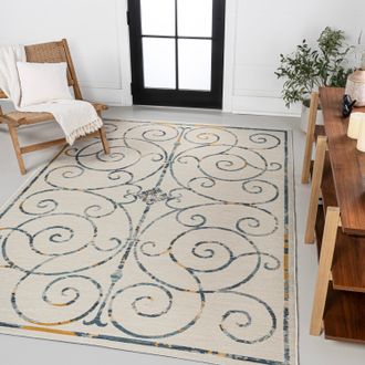 Jonathan Y Designs Danae Classic Cottage Filigree Scroll Reversible Machine-Washable Cream/Terra 5 ft. x 8 ft. Indoor/Outdoor Area Rug