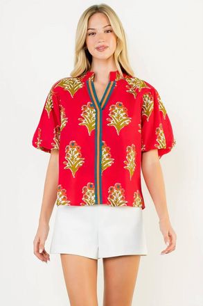 THML Clothing Puff Sleeve Floral Detail Top In Magenta